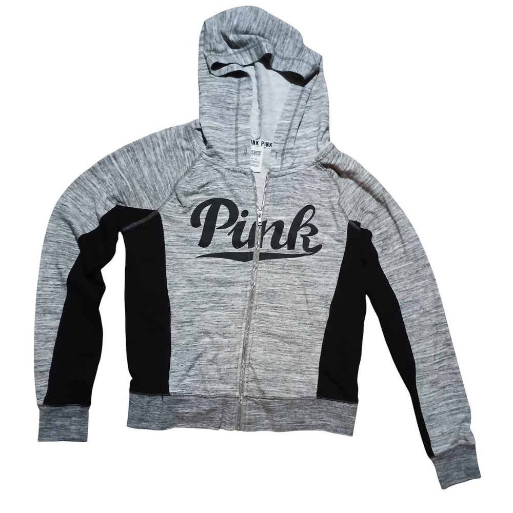 Victoria's Secret Pink Perfect Full Zip Hoodie Marl Gray and Black Size Medium